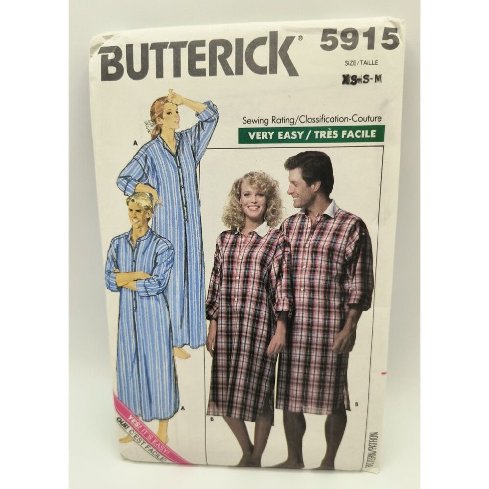 Butterick 5915 XS-S-M  Uncut Vintage Unisex Nightshirt Sewing Pattern 80s